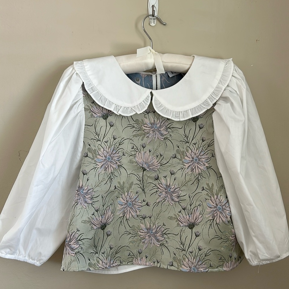 En Saison green and pink floral puff sleeve blouse size medium